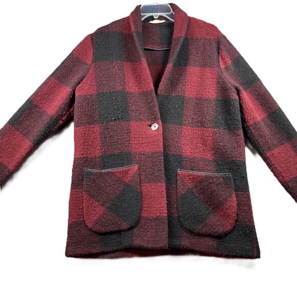 Soft Surroundings Women Jacket Coat Hardey Buffalo Plaid Wool Red Black Large - Picture 1 of 11